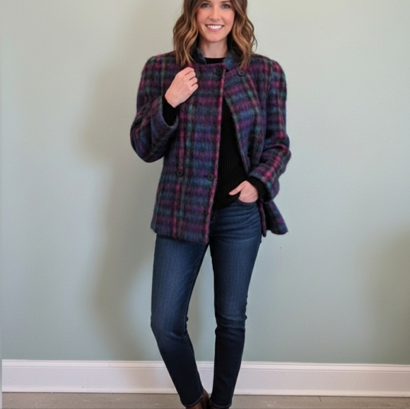 Lombardi Mohair Wool Coat Rainbow Plaid Vintage 80s Size 10 Made In USA - Picture 1 of 14